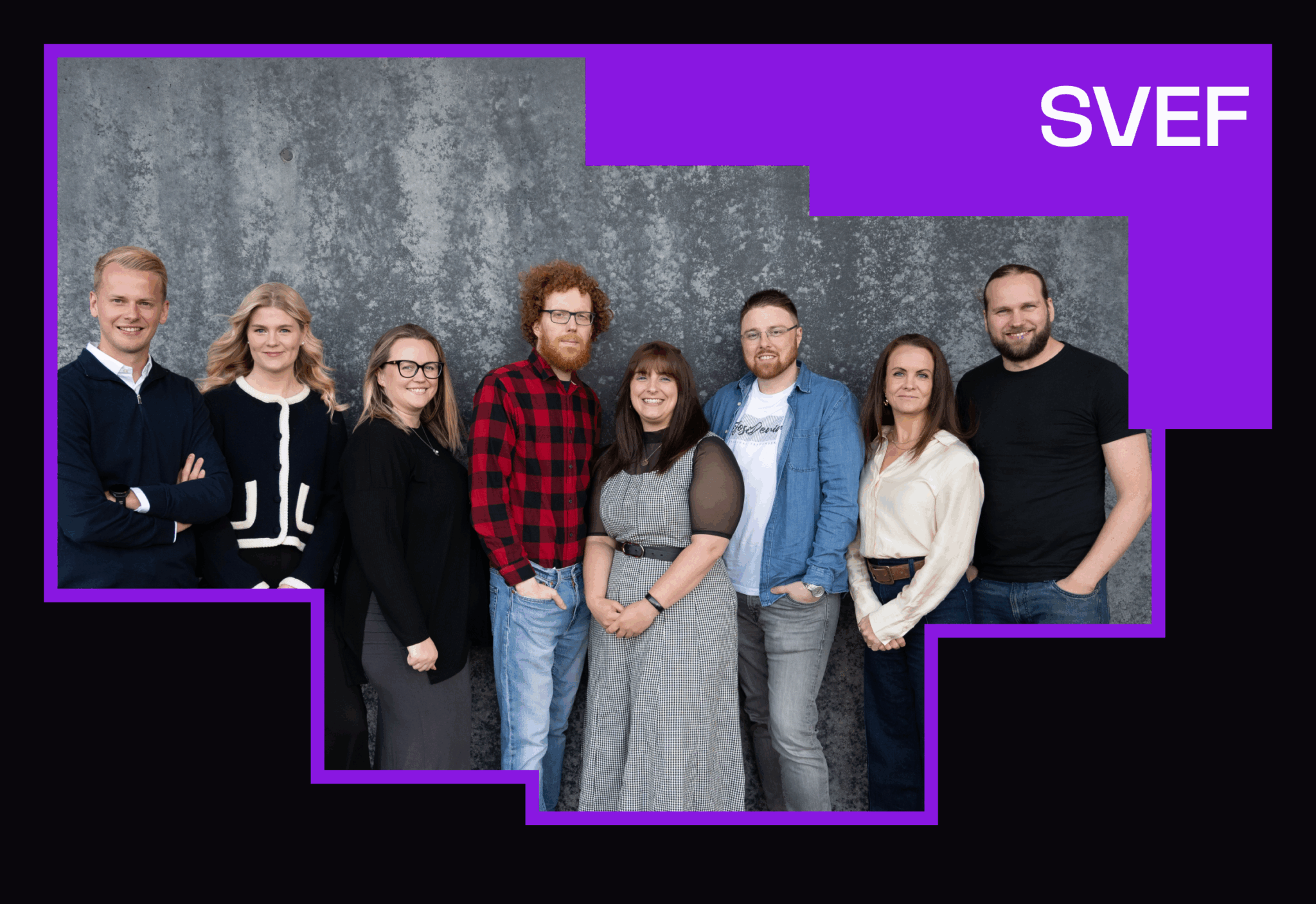 Members of the 2025-2025 SVEF Board of Directors, including (from left to right): Jón Andri Óskarsson, Kolfinna Pétursdóttir, Margrét Rúnarsdóttir, Sveinn Steinarsson, Salena Raquel Kauffman, Brian Johanesson, Petra Dís Magnúsdóttir, and Sigurður Snær Eiríksson.